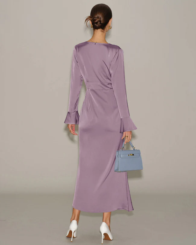 NAROA | Vestido largo satinado con mangas acampanadas