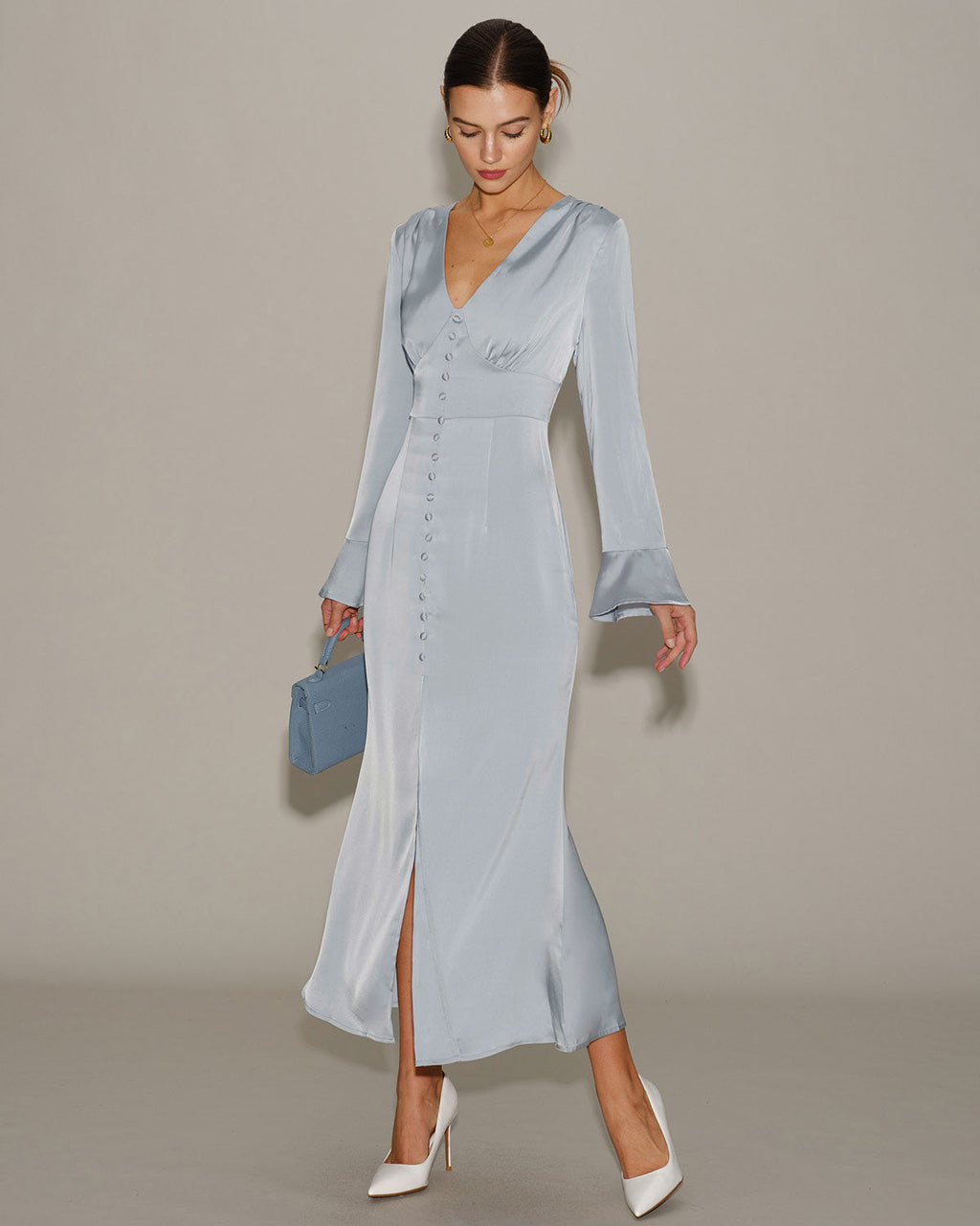 NAROA | Vestido largo satinado con mangas acampanadas